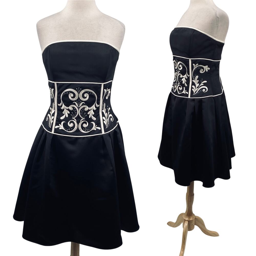 Vintage Y2k Jessica McClintock Satin Cocktail Dress Strapless Fit & Flare Black